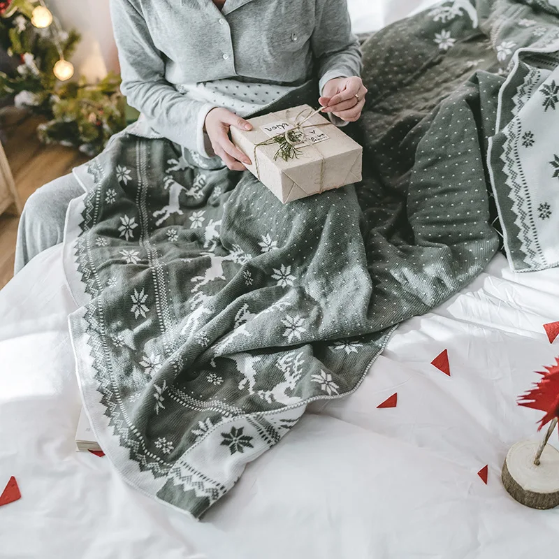 Новогоднее большое теплое вязаное покрывало с рождественским оленем, двустороннее пушистое клетчатое покрывало для кровати, дивана, дивана, покрывала