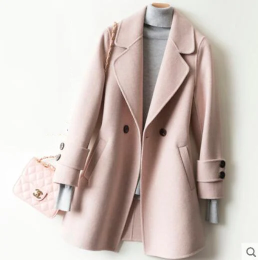 Pink Изысканные двухслойные пальто женские средней длины модные однотонные шерсть кашемировая шерсть костюм воротник пальто женские - Цвет: Pink
