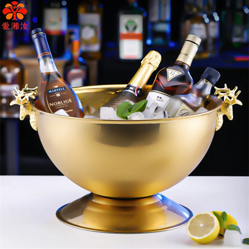 Aixiangru Ice Bucket,13.5L Stainless Steel Champagne Bowl,Whisky Cooling,Elk Handle Golden