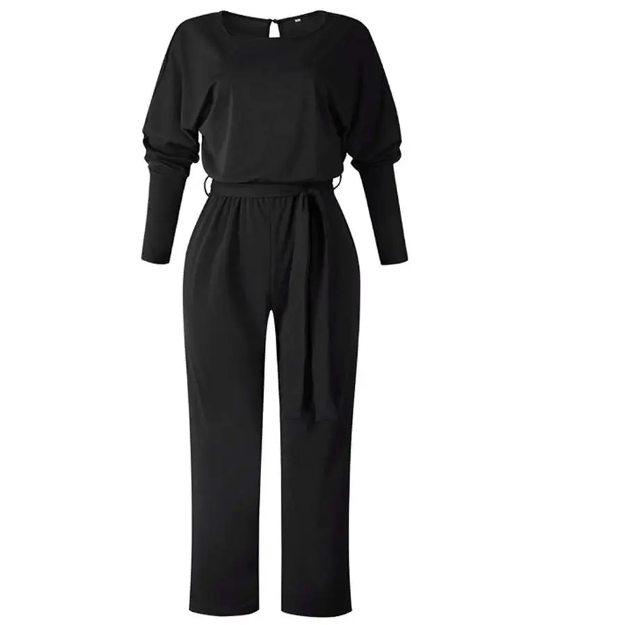Women's Casual Long Sleeve Jumpsuit Loose Overalls Wide Leg Long Pants Rompers with Waistband Ladies Elegant Autumn Clothes - Цвет: Черный