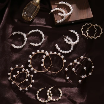 

Women's Pearl Brinco Hoop Earring Fashion Statement Gold Color Big Circle Geometric Pearl Earring Jewelry Party Gift