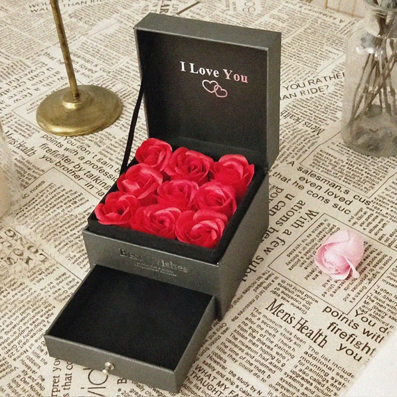 1 pc Rose Gift Box Concise Double Soap Flower Gift Box Perfume Jewelry Drawer Box Valentine's Day Gift Look Like Fresh - Color: XOI0408E