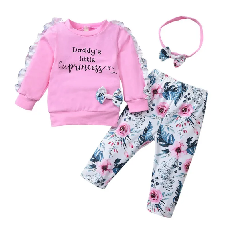 

2019 Autumn Baby Girls Adorable Letter Print Long Sleeve Sweatshirt Floral Trousers With Headband Casual Outfits Clothes