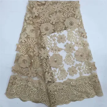 

gold High Quality African beads Lace Fabric Organza French Net Embroidery Sequins Tulle Lace Fabric For Nigerian Party Dress