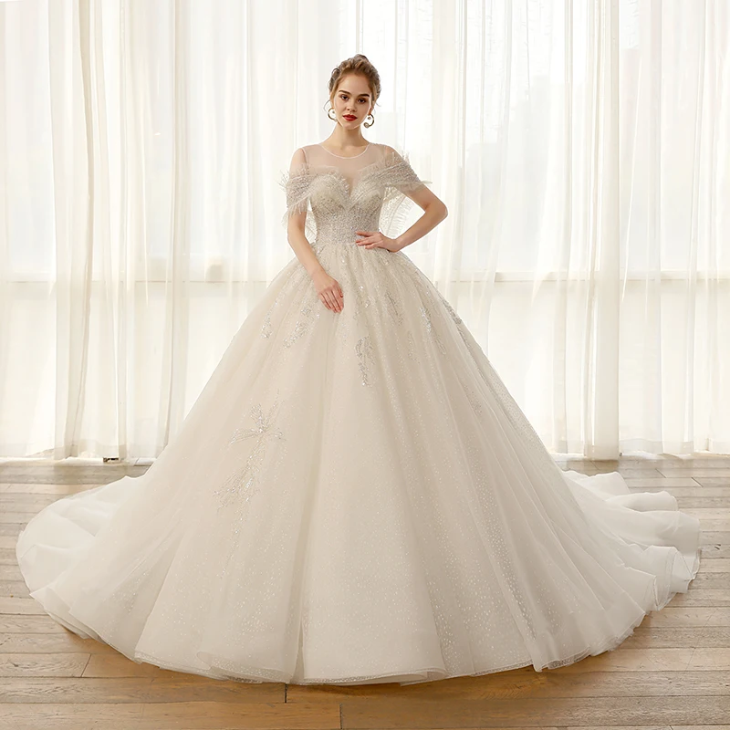 

SL8173 luxury wedding dresses with sleeves heavy beading crystal sequins bridal ball gowns tulle plus size wedding gown elegant