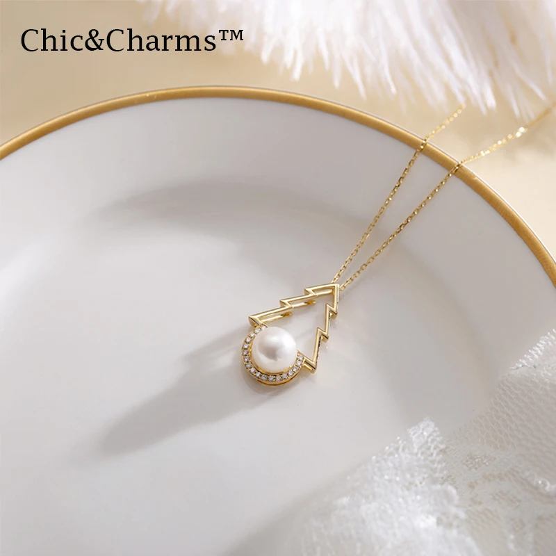 Chic&Charms 9K&14K Natural Pearl&Diamond Necklace Real Yellow Gold christmas trees individuation Women Jewelry