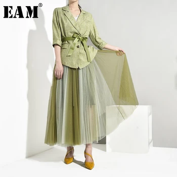 

[EAM] Green Mesh Half-body Skirt Two Pieces Suit New Lapel Long Sleeve Loose Jacket Suit Women Fashion Spring Autumn 2020 WG0150