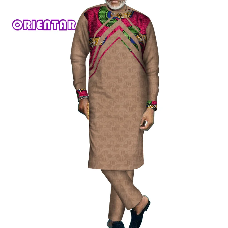 Африканская одежда для мужчин с длинным рукавом рубашка и брюки набор Базен Riche Африканский принт лоскутное мужское Макси-платье брюки набор WYN654