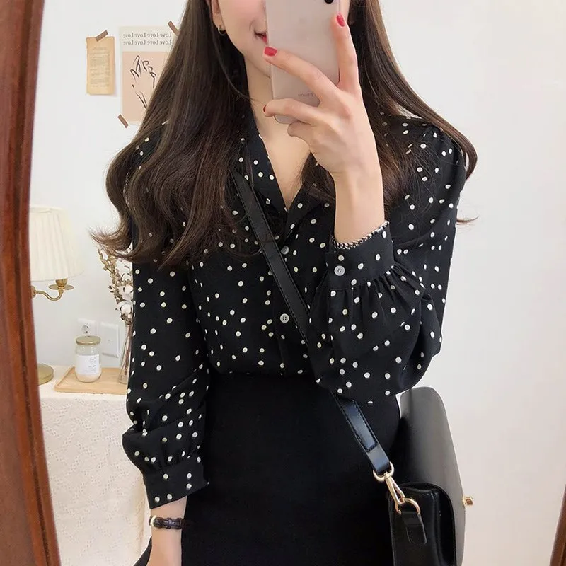 

Nice Fall Summer Women Korean Long Sleeve Blouses Sweet Polka Dot Shirts Button Ladies Turn-Down Collar Plus Size Shirts