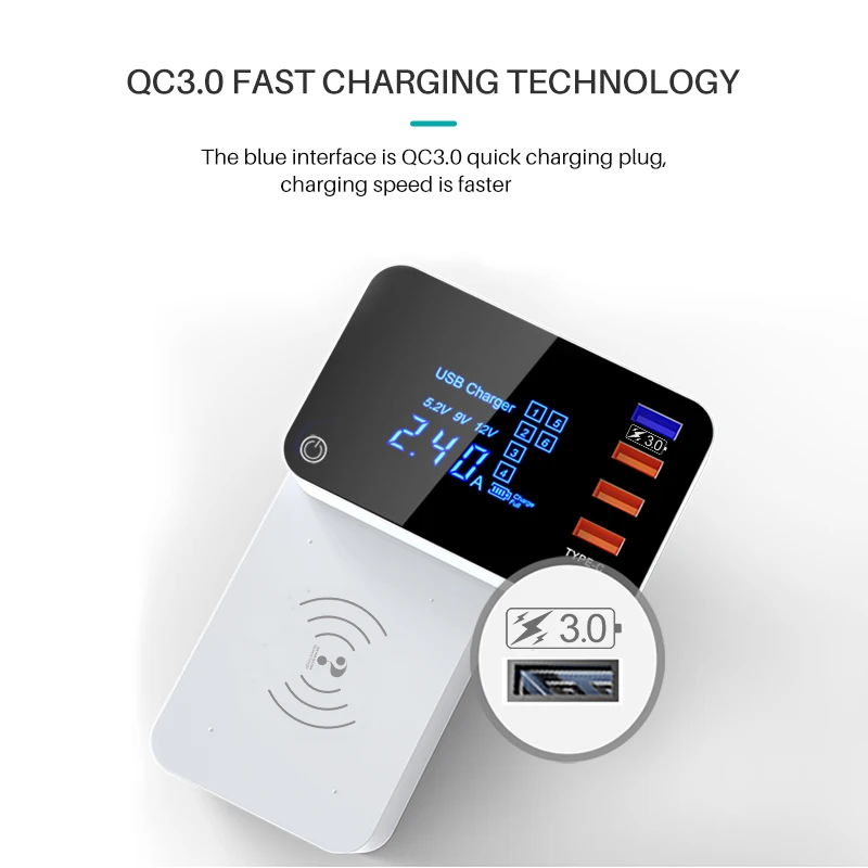 Smart USB зарядное устройство складной беспроводной QC3.0 Quick Charge Тип C кнопка переключения дисплей экран адаптер для iphone Xs Xiaomi samsung