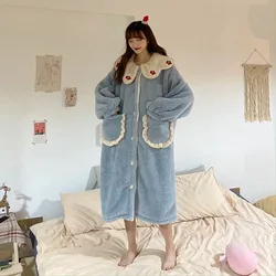 Pajama Woman Winter New Korean Style Cute Cardigan Pajamas Loose Nightgown Coral Fleece Home Service Suit  Pajama Set Women