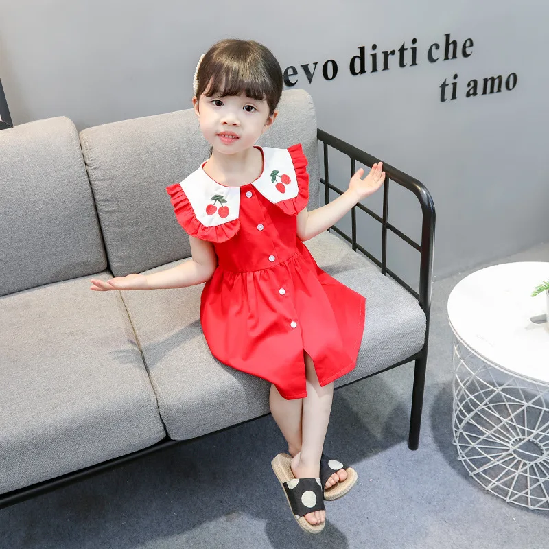 

INS AliExpress Girls New Style Fold-down Collar Embroidery cherry qun Sleeveless Princess Dress
