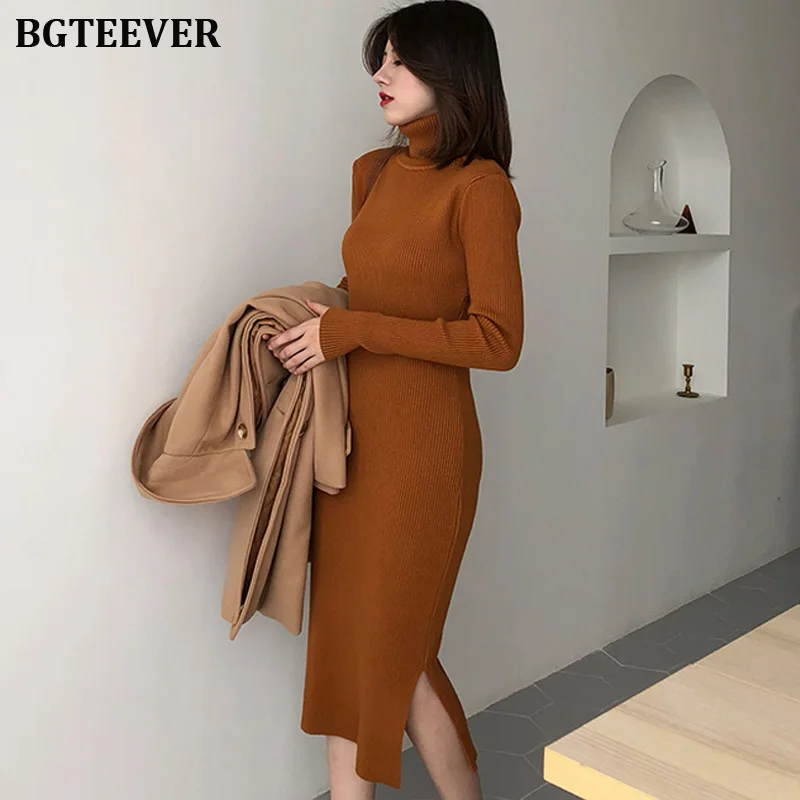 BGTEEVER осень зима растягивается женский свитер платье водолазка Bodycon Vestidos Femme