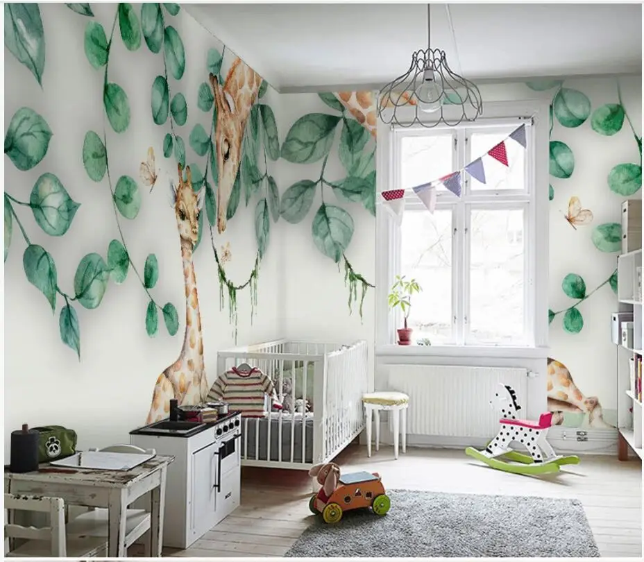3d обои на заказ для фото простые листья Милые Животные Жираф детской комнаты