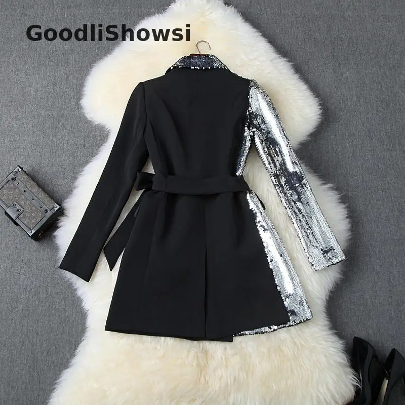 GoodliShowsi, Осень-зима, Модный женский костюм, топы, блестки, пэчворк, с отворотом, длинный рукав, уличный стиль, длинное пальто, куртки
