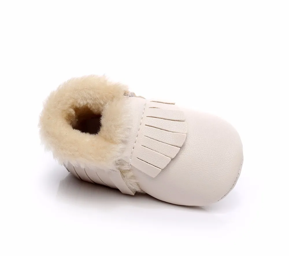 beige Прекрасный ребенок младенец обувь с бантом зима из искусственной кожи мех малыша обувь Сапоги Теплая бахрома детские мокасины Первые ходунки - Цвет: beige