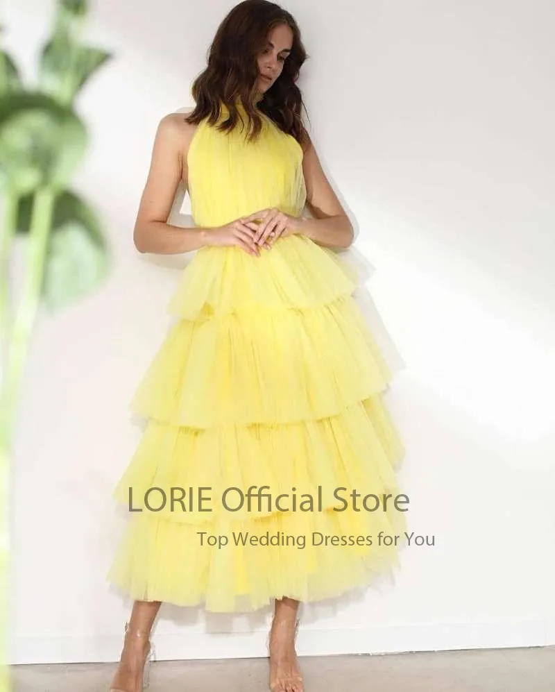 LORIE Baby Blue Prom Dresses High Neck Tiered Tulle Tea Length Backless Summer Arabic Wedding Party Gown Graduation Dress 2021