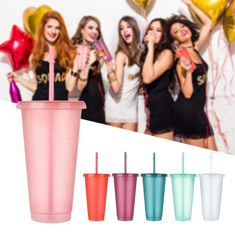 400/700Ml Reusable Flash Powder Tumbler with Lid Matte Finish Straw Cup Diy Plastic Cold Water Bottle Coffee Mug Outdoor Party