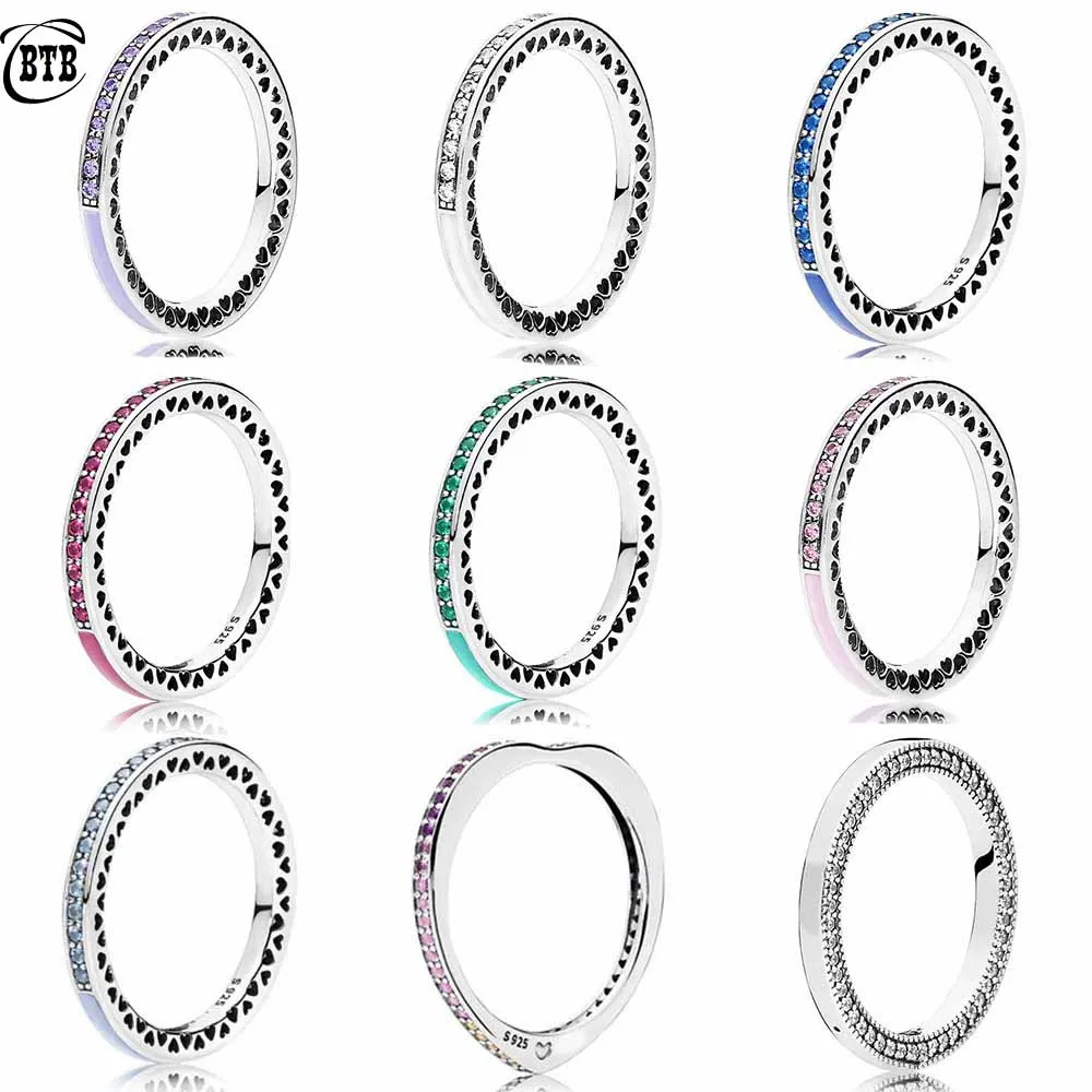 

New Fashion Original 925 sterling silver Pan Ring Multi-Colored Zircon Shining Heart Rose Ring DIY Jewelry for Women Gift