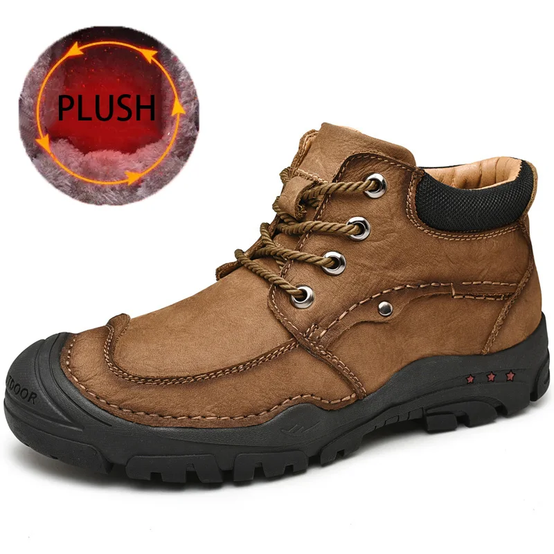 Plush Khaki Мужские походные ботинки в стиле ретро; тактические ботинки из натуральной кожи; уличная спортивная обувь; походные охотничьи ботинки; мужские плюшевые зимние кроссовки - Цвет: Plush Khaki