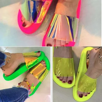 

2020 Summer Woman Flat Slippers Candy Color Jelly Shoe Woman Transparent Slides Female Open Toe Flip Flops Women's Beach Shoes