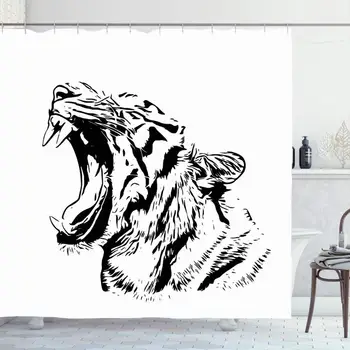 

Shower Curtain Set with Hooks 66x72 Tiger Danger Bengal Sketch Fearful Force Mask Biggest Black Beast Face Nature Attention Big