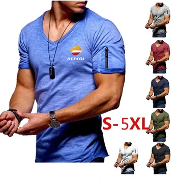 

Men's V-neck T-shirt fitness bodybuilding T-shirt high street summer for REPSOL short-sleeved zipper casual cotton top