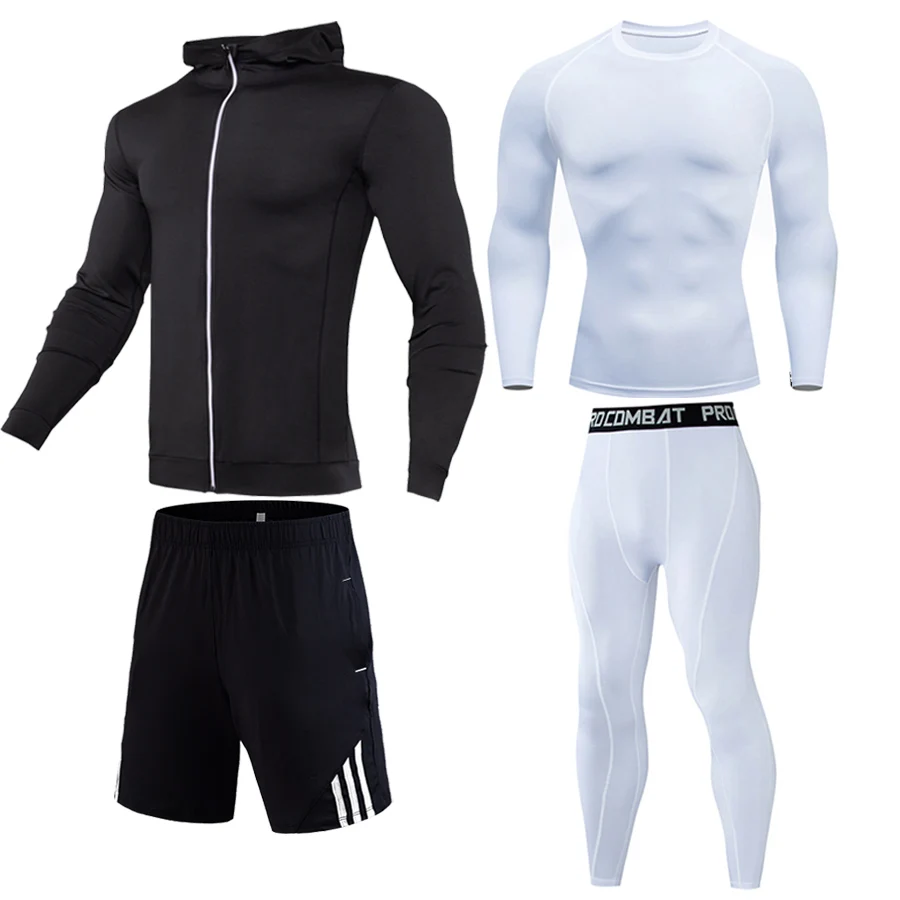 4-piece set men's clothing compression men Sports Running Sets rashgard long sleeves top for fitness man tracksuit thermal underwear base - Цвет: 4-piece set