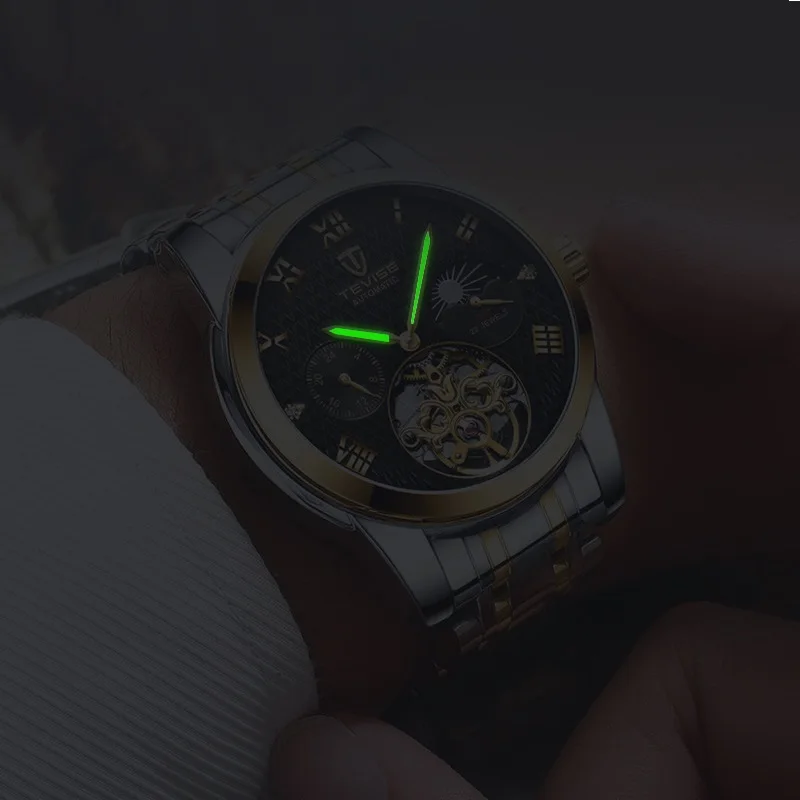 Автоматические механические часы TEVISE T9005c Tourbillon 22 Часы с драгоценными камнями человек Луна фаза светящиеся руки водонепроницаемые часы с ящиком для инструментов