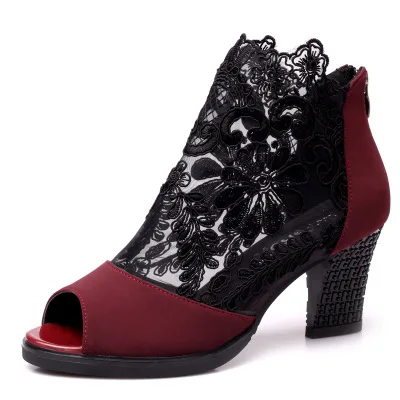 Летние сетчатые Босоножки с открытым носком; пикантные тонкие туфли на каблуке; Женская обувь в европейском и американском стиле; коллекция года; сезон весна-лето; сетчатая обувь; mujer - Цвет: wine red