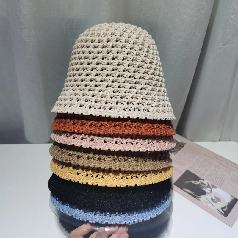 Pure Color Bell-shaped Breathable Knitted Summer Ladies Sun Hat Sun Hat Panama Style Bucket Hat Beach Hat Outdoor Fisherman Hat