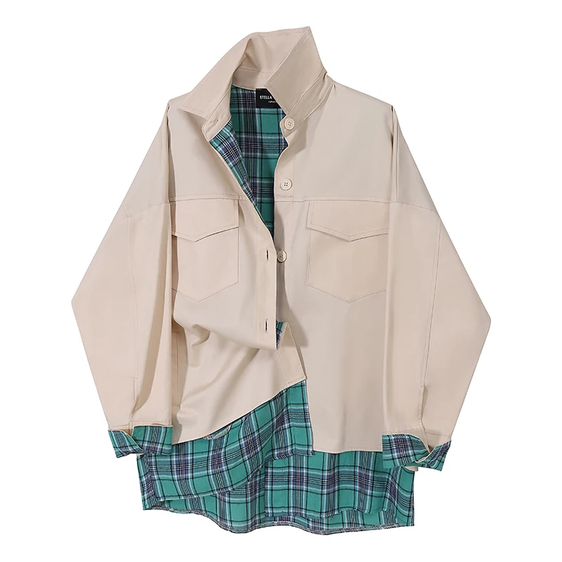 Fake Two Woman Autumn Black Khaki Plaid Patchwork