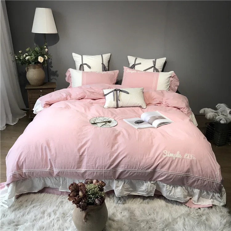 

ANNAs Good Stuff Embroidery Lace Bedding Set 4pcs Japanese Style 100% Cotton Quilt Cover Princess Pure Color Bedsheet King Size