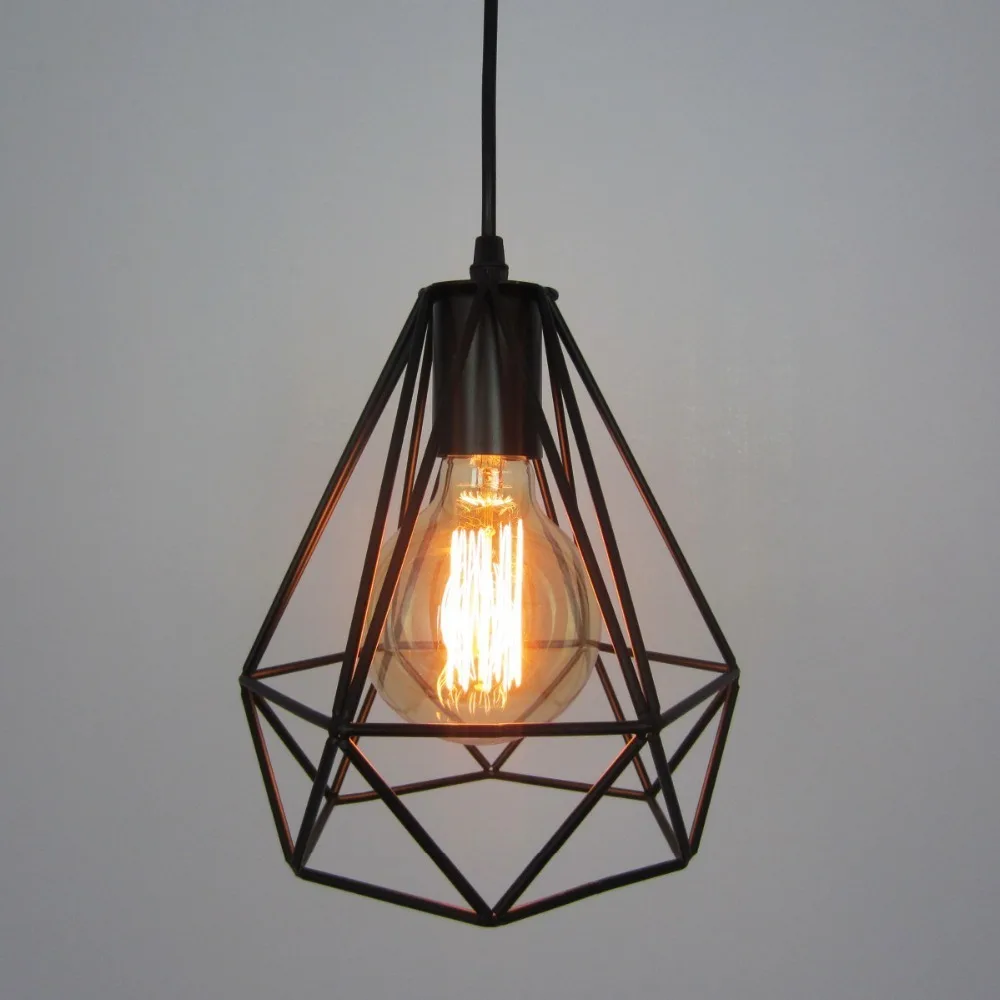 

Vintage Black Cage Pendant Light Iron Diamond Wrought Edsion Ceiling Lamp Restaurant Bedroom Living Room Loft Aisle Night light