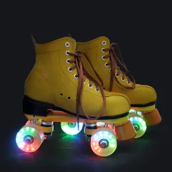 Lighted Double Row Skate Shoes Unisex Professional Beginner Genuine Leather Roller Skating Patins Quad Roller Skate Shoes KC50LH
