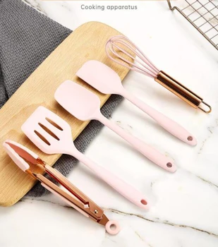 

Rose gold handle,Silicone Cooking Utensil Set of 5, Nonstick Cooking tool,Slotted Turner,Spoonula,Spatula,Whisk With Storage Box
