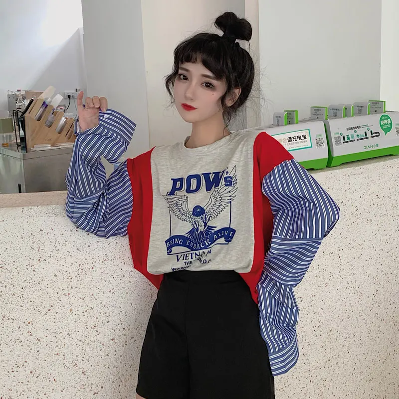 Harajuku женская футболка осенняя одежда корейский стиль Ulzzang Винтаж поддельные два полосатый футболка с длинным рукавом для женщин топы