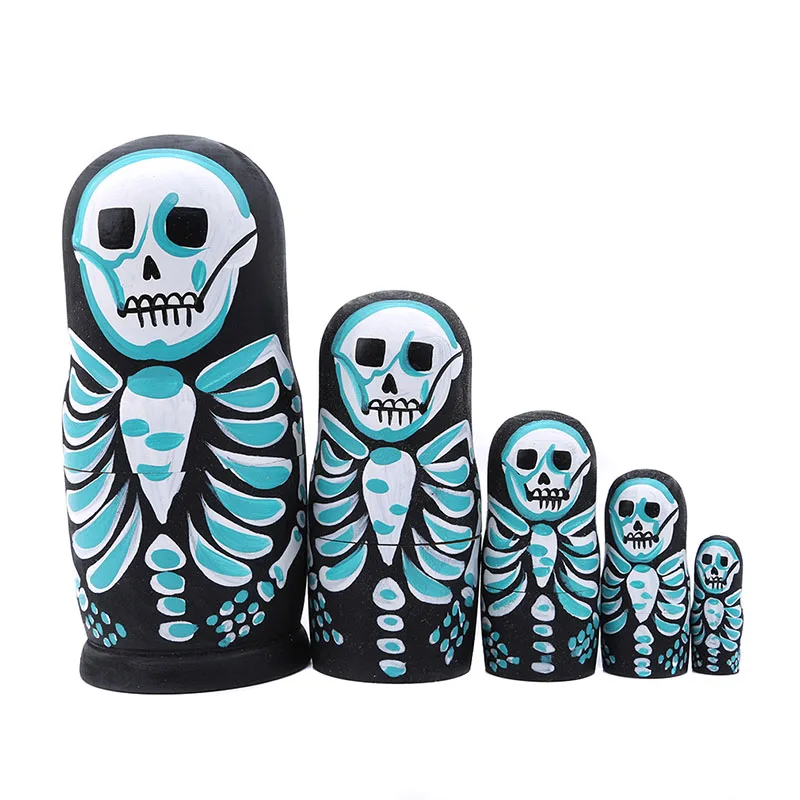 5PCS High Quality Wooden Skeleton Printed Russian Nesting Dolls Crafts Gift