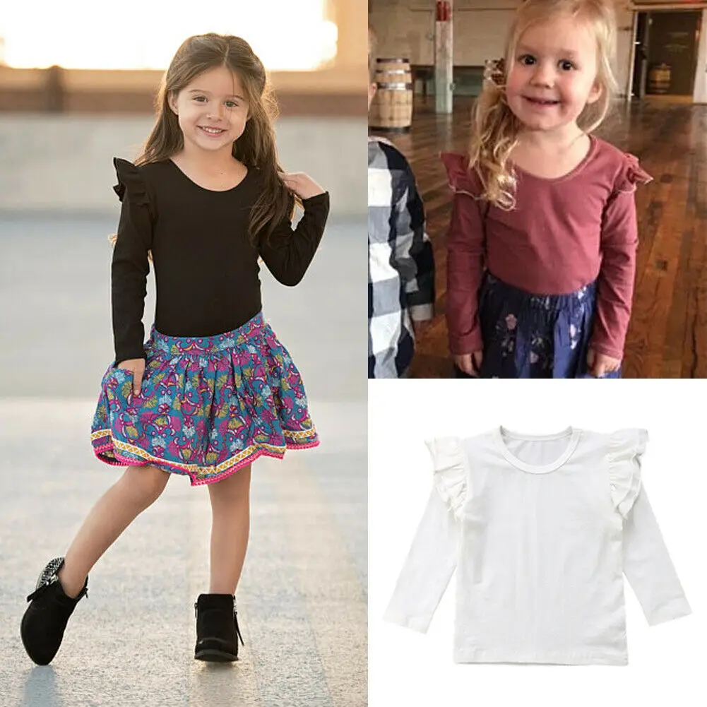 Kids Baby Girls Long Sleeve Blouse Tops Solid Casual Ruffle Blouse Shirt Tee Spring Autumn Toddler Clothes 6M-5T
