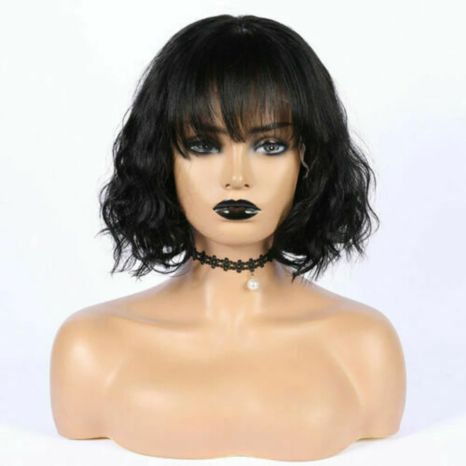 

Short Wavy Human Hair Wig with Bangs Body Wave Glueless Bob Wig Peruvian Remy Hair Full Machine Wig with Fringe Natural Black