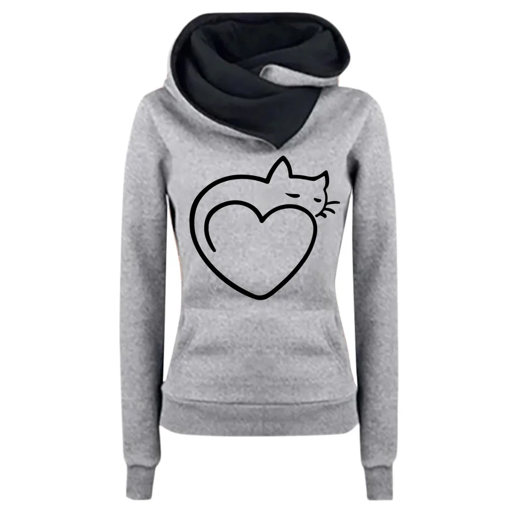 Women Cute Cat Love Heart Printing Sweatshirt Long Sleeve Slim Pullover Ladies Casual Hoodie Svitshoty Zhenskiye#T2G