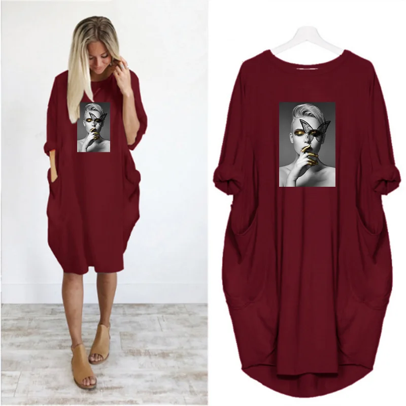 Plus Size Nordic Art Dress Butterfly Girl Cool Women Midi Dresses O-Neck Autumn Thin Long Sleeve Pockets Loose Party Vestidos