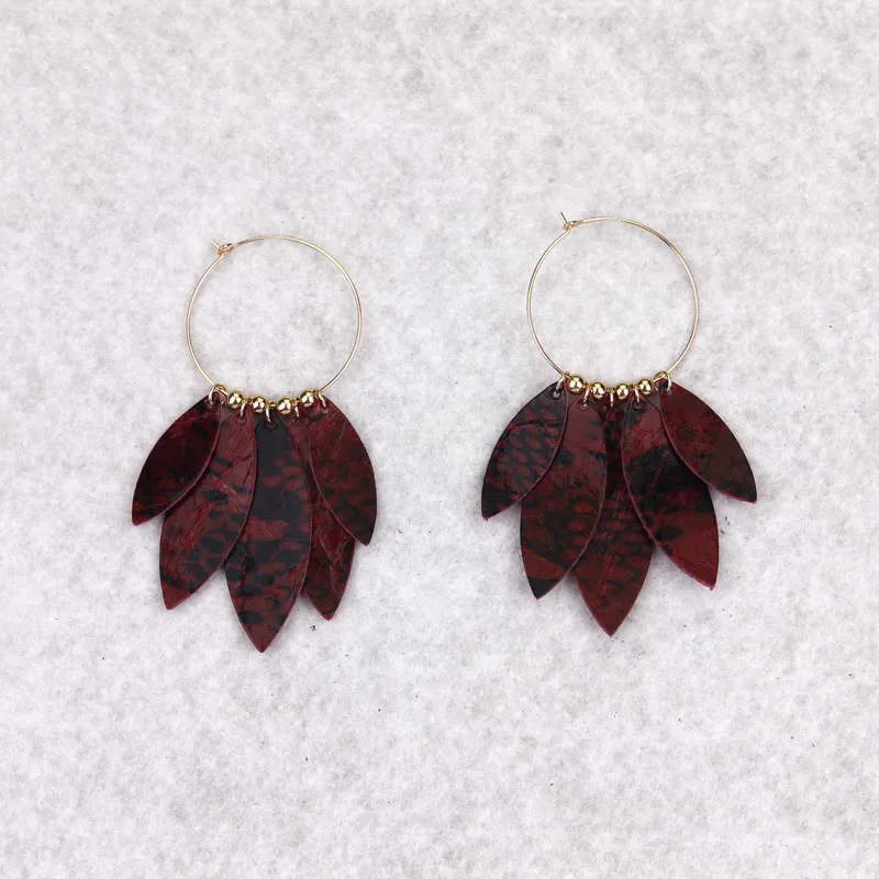 

Stack Genuine Leather Leaf Hoop Earrings Copper Round Beads Strands Earrings for Women Girls Chic Jewelry Wholesale