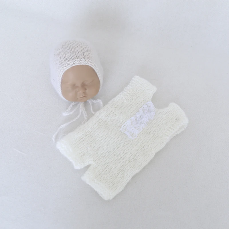 

White Mohair Knitted Bonnet And Romper Hooded Suit For Newborn Photography Props Baby Handmade Crochet Hat And Romper Photo Prop