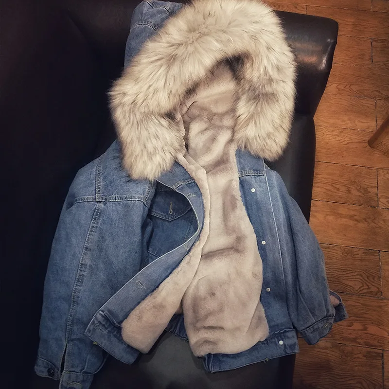 Новинка, джинсовая зимняя куртка, Женское пальто с капюшоном, большой шерстяной воротник, теплая, размера плюс, подкладка, женская джинсовая куртка