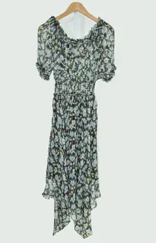 

19 French Floral Printing One Word Collar Off Shoulder Irregular Dress 93147