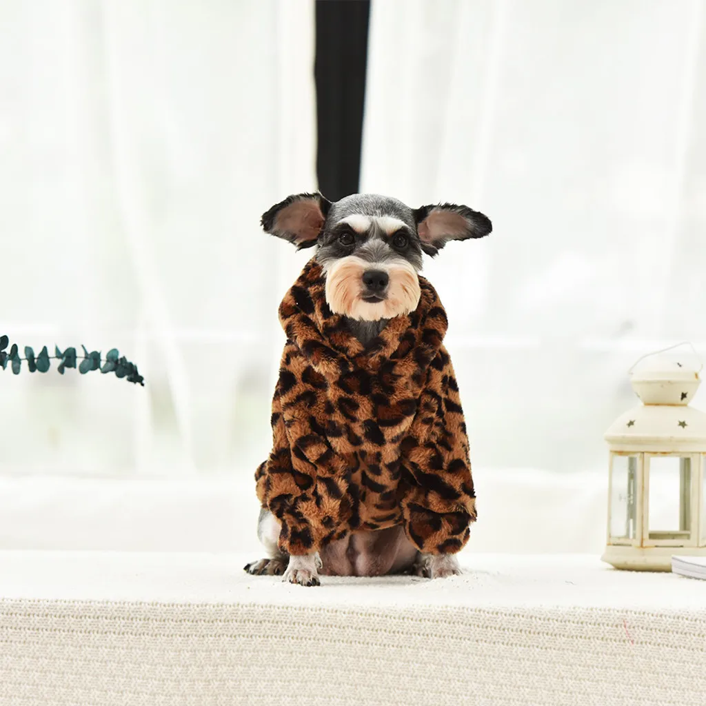 Зимнее пальто для домашних собак с леопардовым принтом, Рождественская плюшевая одежда с капюшоном, пальто-свитер для питомцев, кошек, одежда для собак, более 6 размеров, пальто для собак