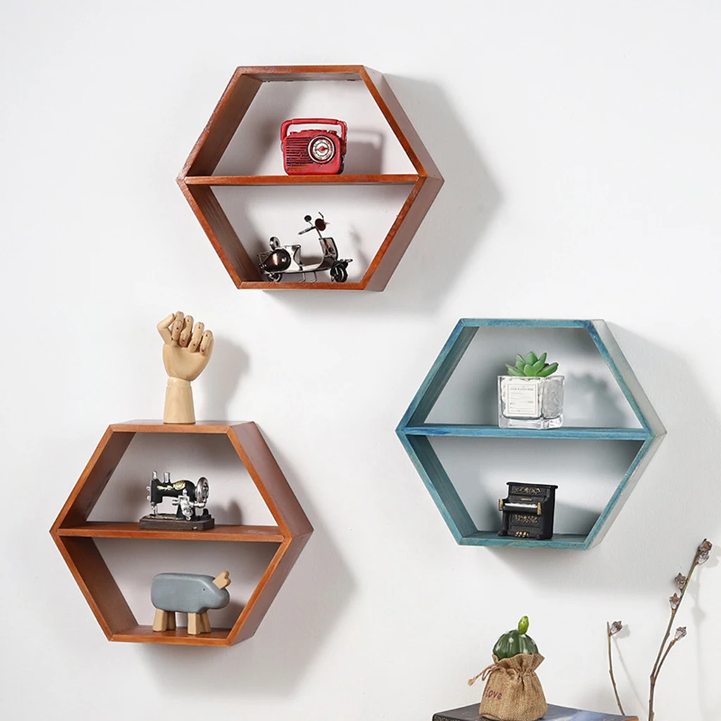 Hexagon Floating Display Home Shelves Bookshelf Wall Mounted Storage Organizer