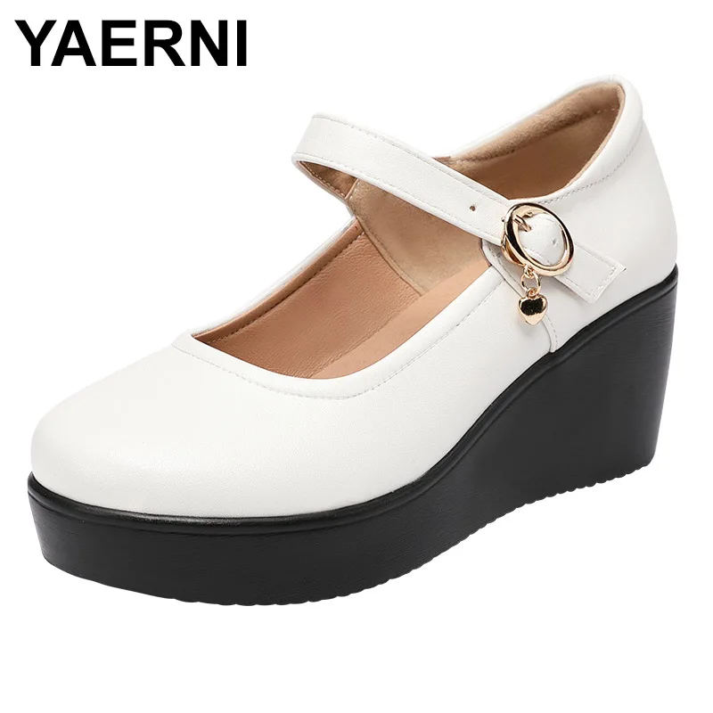 

Женские кожаные туфли YAERNI, черные туфли-лодочки на платформе и высоком каблуке, с круглым ремешком, большой размер 33-43, для весны, 2020