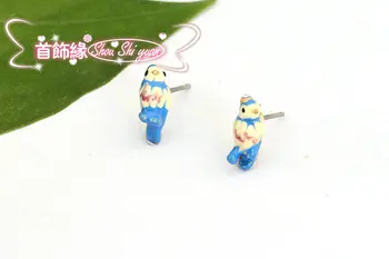 

Enamel glaze lovely three-dimensional blue tit couple bird asymmetric Earrings